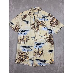 Oliver & Burke Hawaiian Shirt Mens Small Yellow Seaplane Tropical Cotton Rayon‎